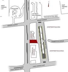 Map of Finch subway station bus terminal and surrounding facilities in Toronto with maroon path marking the Pemberton exit