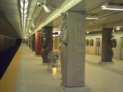 Decorated pillar at Museum Station, Toronto TTC with museum-inspired sculptures