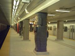 Sculpture-covered pillar at Museum Station Toronto TTC inspired by museum art