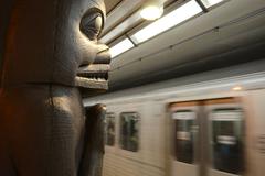 Interior of Museum TTC Subway Station with artistic columns and murals