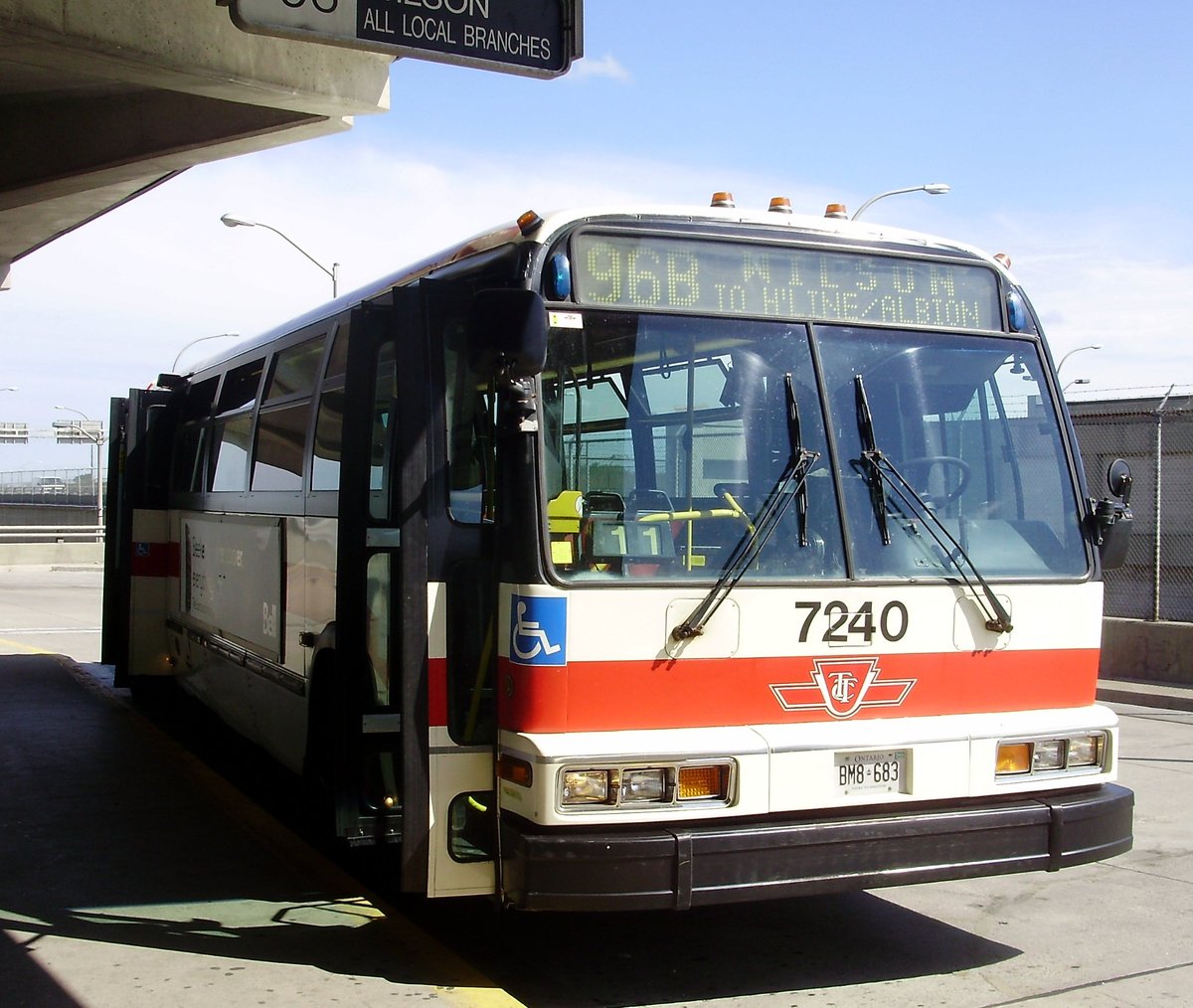 Toronto Transit Commission bus 7240, a NovaBus RTS diesel bus, at Wilson station on 96B Wilson route in North York Ontario Canada