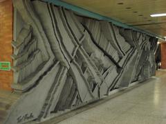 Colorful art installation featuring abstract shapes and figures at Wilson TTC subway station