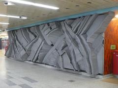 Wall sculpture by Ted Bieler on mezzanine level of Wilson TTC subway station