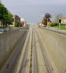 Streetcar and bus lanes going underground near St. Clair West station on St. Clair Avenue Toronto