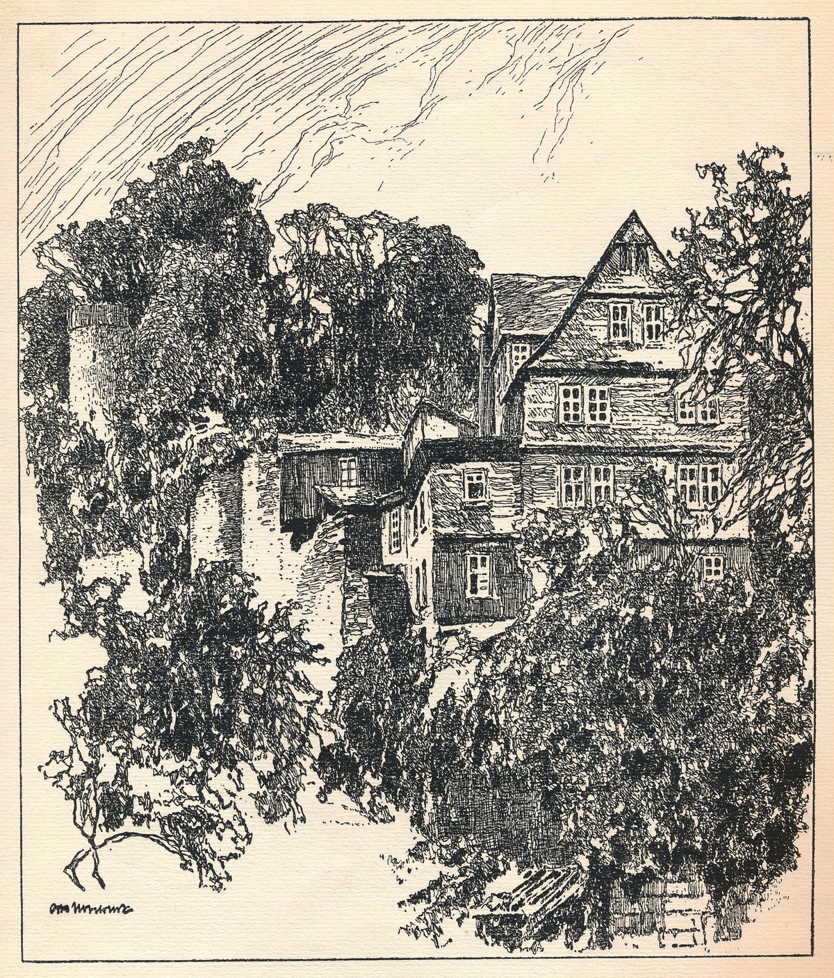 Pen drawing of Marburg Western city wall with Bettina Tower, Kalbstor and house Kugelgasse 1