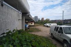 Downtown Scarborough skyline from south of Midland TTC station with elevated Line 3 transit bridge and Midland station visible
