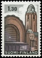 Finnish stamp featuring Helsinki Railway Station, designed by Pentti Rahikainen, issued in 1980