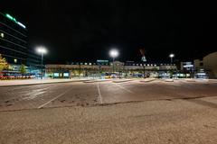 Elielinaukio square in Helsinki at night with illuminated buildings and streetlights