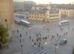 Elielinaukio square view from Sokos department store windows with tram tracks, pedestrians and modern buildings in Helsinki