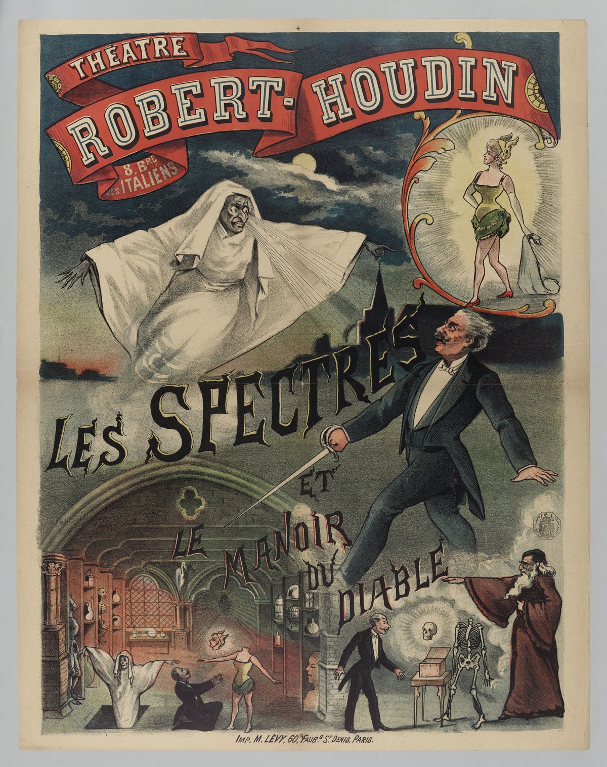 Vintage theater poster for 'Les Spectres et le Manoir du Diable' at Theatre Robert-Houdin, featuring ghostly and magical figures including a man with a sword and a headless skeleton in a haunted manor