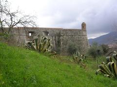 View of Castello San Giorgio with park and tower in La Spezia, Italy
