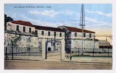 Photomechanical print postcard of La Fuerza Fortress in Havana with halftone and tinted effect