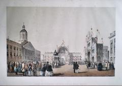 Triumphal arches set up at Place Royale in Brussels during the celebrations of the 25th anniversary of King Leopold I's reign in July 1856