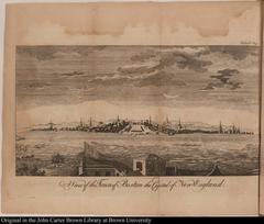 Historic view of Boston harbor with wharves, churches, dwellings, fortifications, and boats from an island perspective in 1787