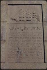 Clipper ship memorial at Castle Island Boston Harbor with McCorkle Fishing Pier in the background