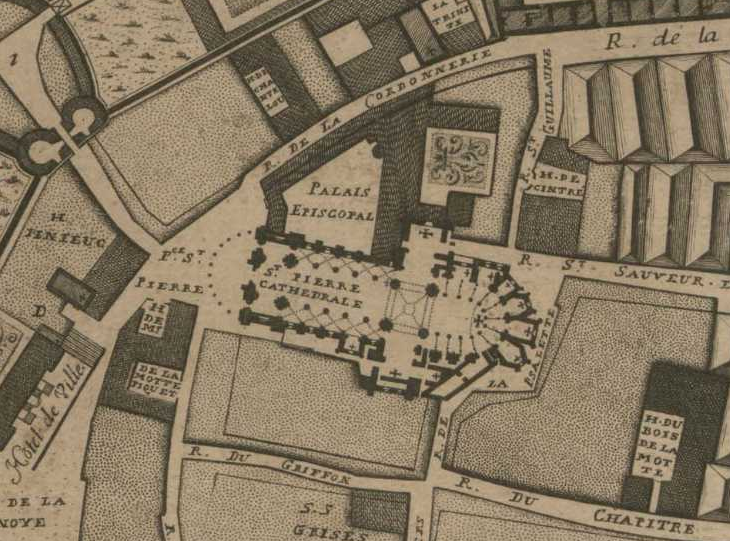 Detail of the 1720 map of Rennes centered on the cathedral
