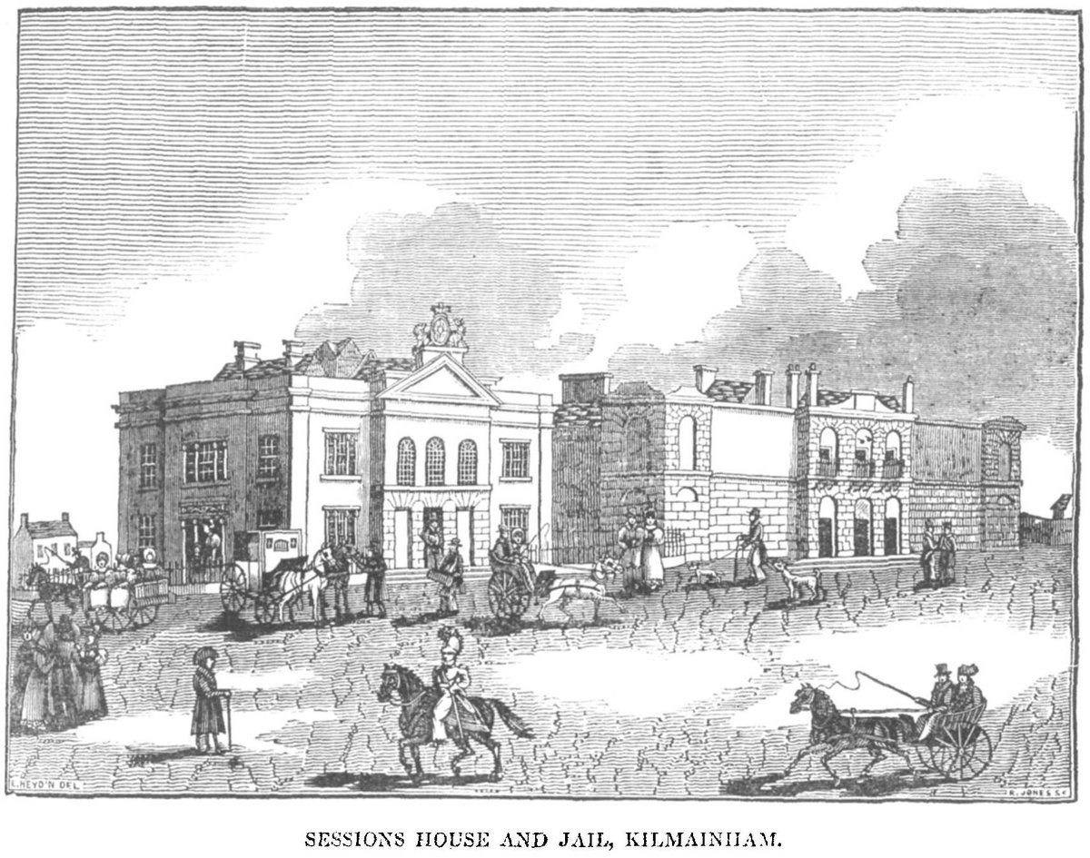 Historical black and white image of the Kilmainham Sessions House and Jail from 1836