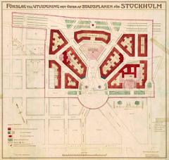 Historical city plan of Fältöversten and surrounding blocks north of Karlaplan, designed by Per-Olof Hallman in 1911