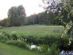 Green grassy area in Golfängarna park, Sundbyberg, Sweden with trees and a small hill under a partly cloudy sky