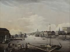 View from Slaktarhusbryggan on Blasieholmen towards the Royal Palace, Strömmen river and the city between the bridges
