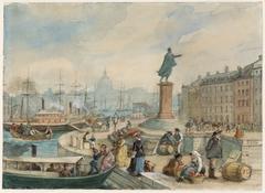 Watercolour painting of Skeppsbron waterfront in Stockholm with boats and buildings, by Fritz von Dardel, 1860s