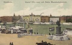Gustav III statue and South Blasieholmshamnen harbor circa 1910 postcard