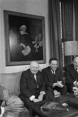 German Chancellor Ludwig Erhard visiting the Catshuis in Holland with Dr. Gerard Schroder, black and white photo from March 2, 1964