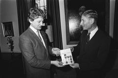 CDA chairman Beekman handing over the first copy of the book 'Formatie 81' to Prime Minister Van Agt at Catshuis, March 11, 1982