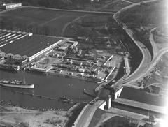 Aerial view of Skanstull towards southeast with General Motors Nordiska AB factory on the far left