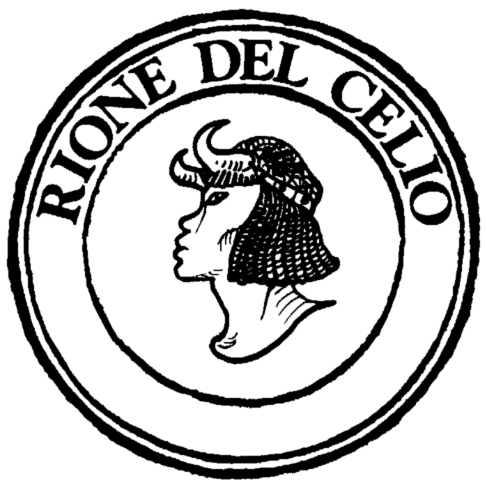 Logo of Rome Rione XIX Celio featuring a tower and mountains in red and white design