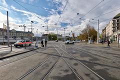 Central square in Zürich city with modern buildings and clear sky