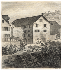 Second Battle of Zurich between French and Russian troops at Central on September 26, 1799, historical copper engraving