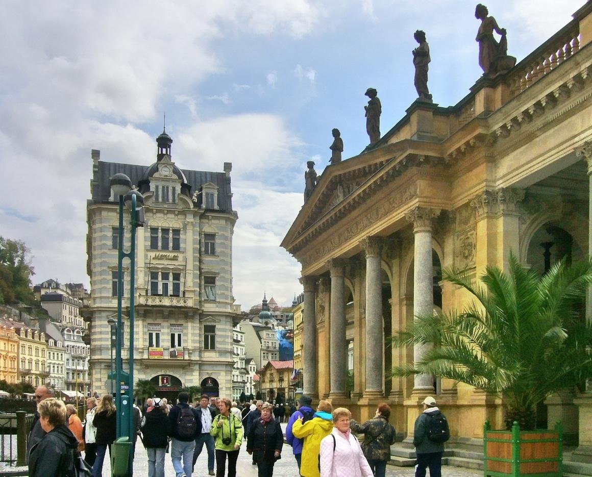 Scenic view of Karlovy Vary spa town with historic buildings and river in Czech Republic