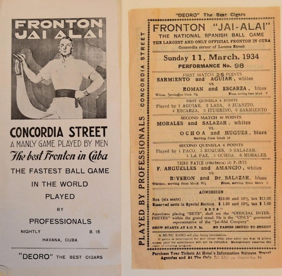Vintage scene of Barrio de San Lázaro in Havana, Cuba, featuring a 1934 jai alai fronton program