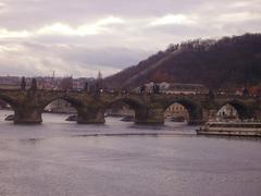 Charles Bridge in Prague at dusk with dramatic sky