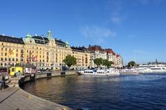 Strandvagen waterfront street with historic buildings in Stockholm, Sweden