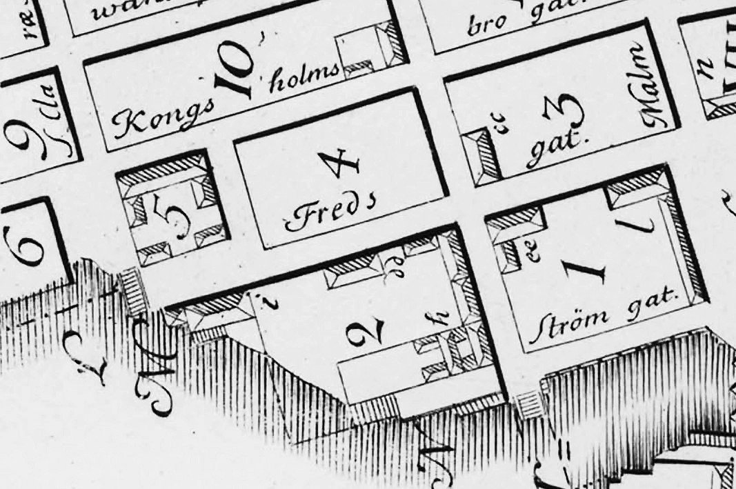 Historical map of Fredsgatan and adjacent blocks in Stockholm by Petrus Tillaeus showing landmarks like Lejonet, Rosenbad, Johannes d. större, Tigern, Uttern, and Loon