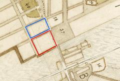 Historical map showing Kvarteret Lejonet in red and Kvarteret Johannes Större in blue
