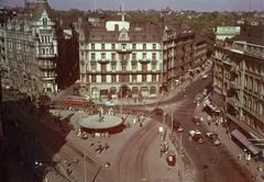 Stureplan square in Stockholm in the late 1930s with Holger Blom's 'Svampen' fountain from 1937 and the background showing the now demolished Hôtel Anglais