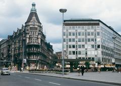 View from Biblioteksgatan north towards Stureplan and Hotel Anglais with 'Svampen' structure in the middle