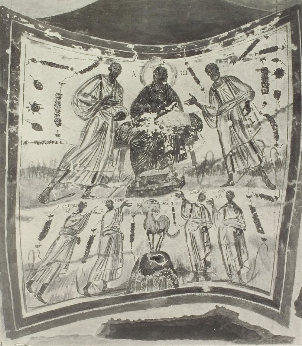 Christian fresco depicting Christ between apostles Peter and Paul with the Lamb of God among martyred saints Marcellinus, Peter, Tibertius and Gorgonius in Roman Catacombs