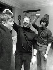 Finnish actors Nils Brandt and Lasse Pöysti with Italian stage director Arturo Corso preparing Machiavelli's Mandragola at Lilla Teatern Helsinki