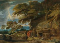 Pastoral landscape with a shepherd and sheep by a water stream in a forest