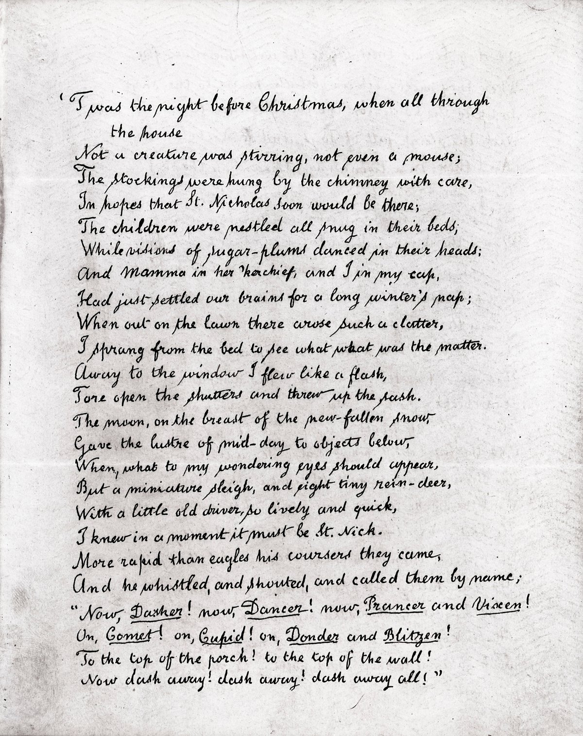 Handwritten manuscript of A Visit From St. Nicholas by Clement C. Moore
