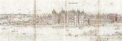 Richmond Palace from southwest view depicting Great Kitchen with pointed roof, main Palace Donjon, Galleried gardens, and Ruined church of Friars Observant