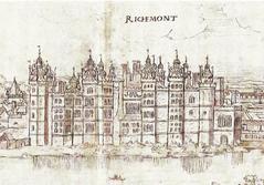 Richmond Palace from southwest view by Wyngaerde circa 1558-62 showing Great Kitchen, Palace Donjon, Galleried gardens, and ruined Friars Observant church