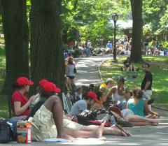 Ticket seekers waiting on a mostly sunny day west of the Great Lawn