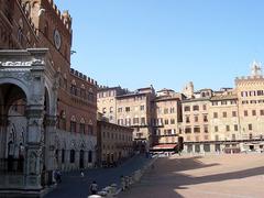 Wide view of Siena's Piazza del Campo with historic buildings and tourists