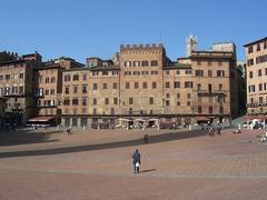 View of Piazza del Campo in Siena with historic buildings and people