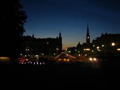 View from Södra Djurgården towards Strandvägen, Narvavägen and Oscars Church at late evening